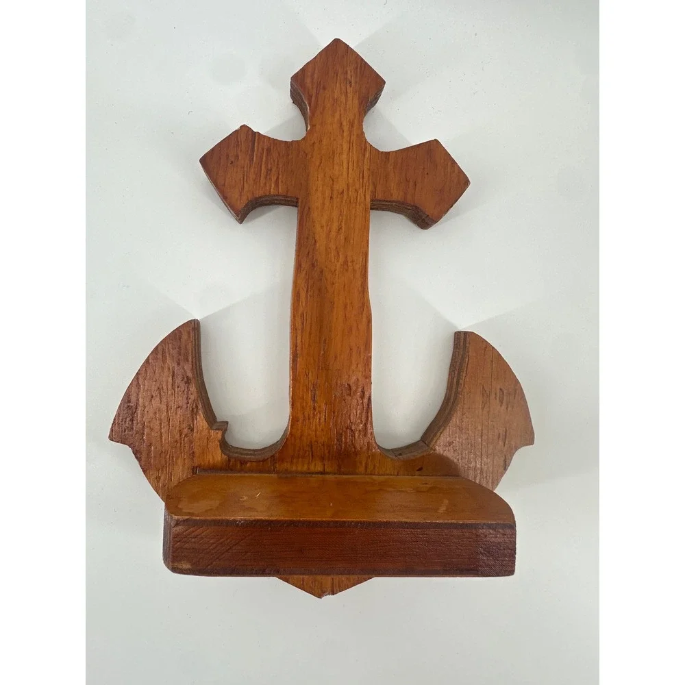 Vintage Wooden Anchor Cross Wall Shelf Nautical Religious Decor Small Ledge